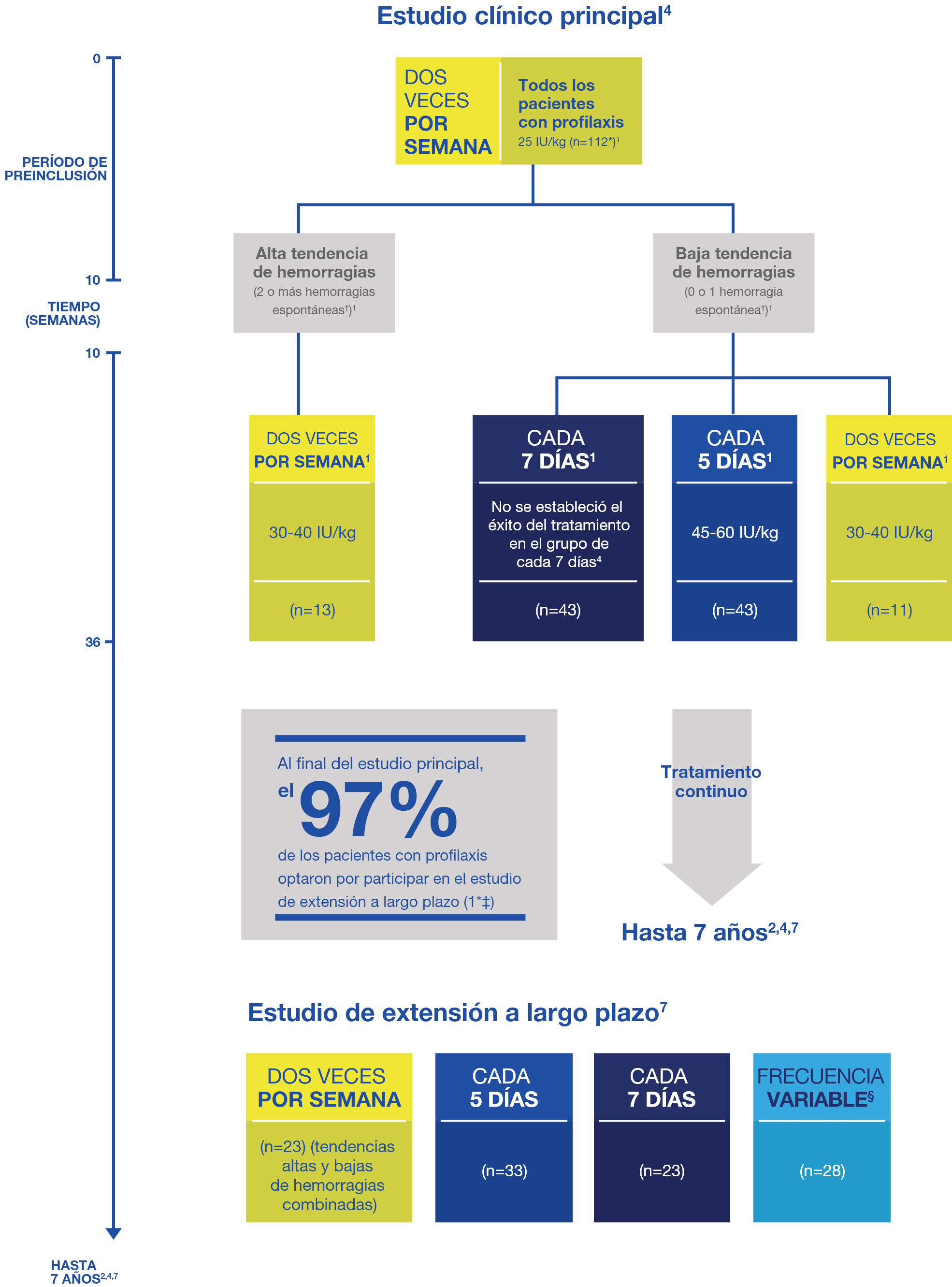 Diagrama del estudio clínico principal y el estudio de extensión a largo plazo que ilustra la dosificación del tratamiento.