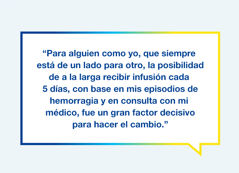 Gráfico con el texto "Para alguien como yo, que siempre está de un lado para otro, la posibilidad de eventualmente recibir infusión cada 5 días, con base en mis episodios de hemorragia y en consulta con mi médico, fue un gran factor decisivo para hacer el cambio".