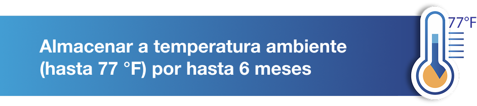 Ícono de termómetro con el texto "almacenar a temperatura ambiente hasta 77 grados Fahrenheit durante hasta 6 meses"