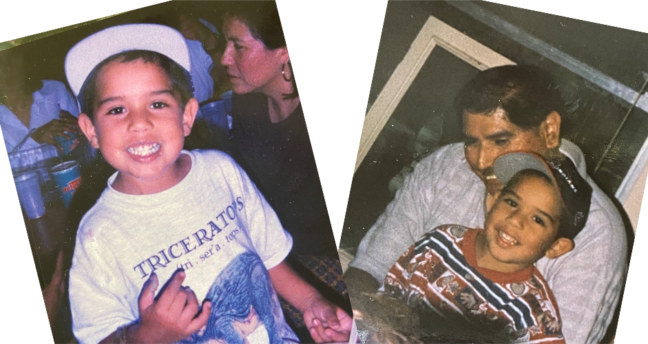 Zach Castillo cuando era pequeño y Zach de niño sentado en el regazo de su tío John