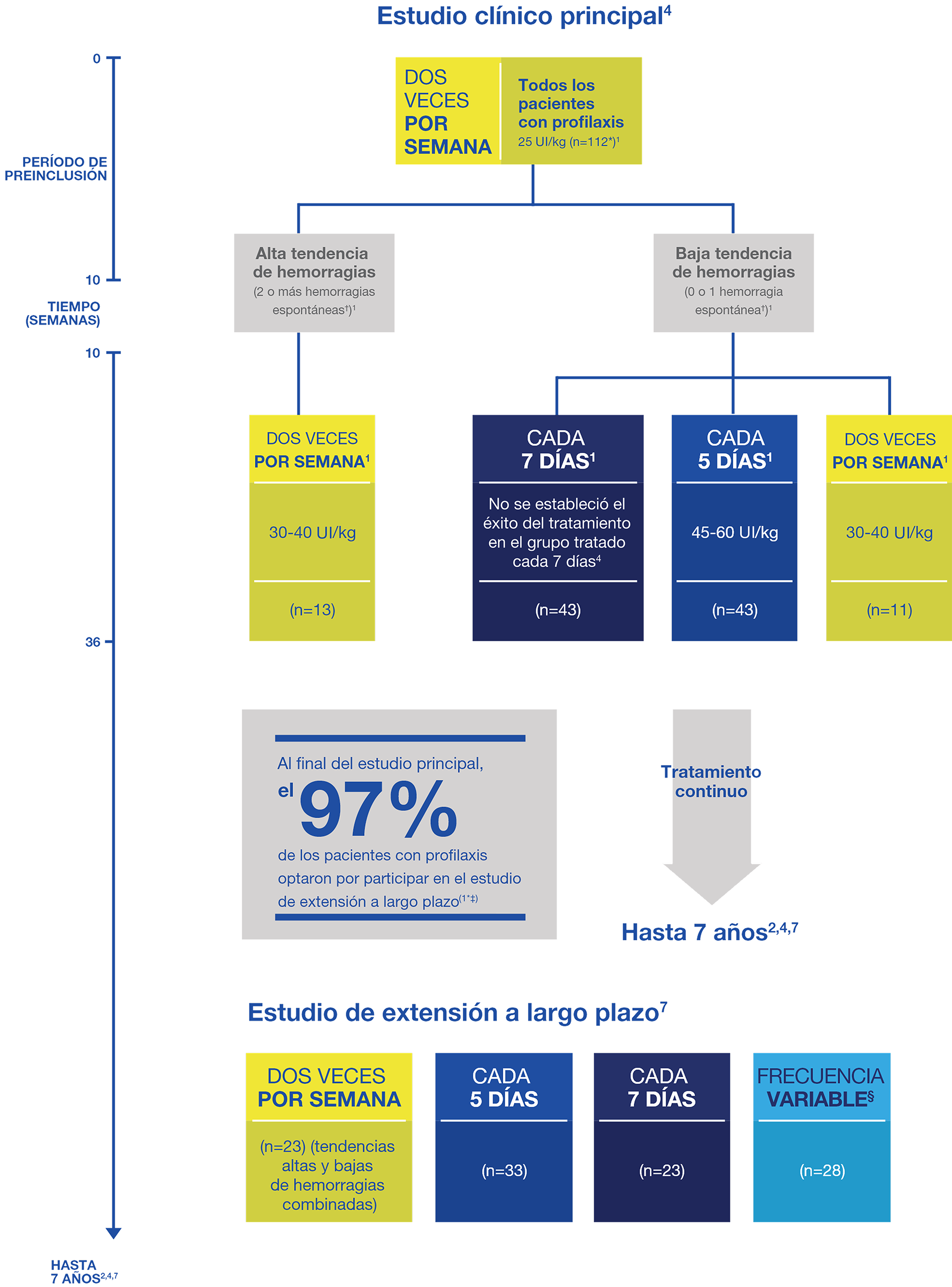 Diagrama del estudio clínico principal y el estudio de extensión a largo plazo que ilustra la dosificación del tratamiento.